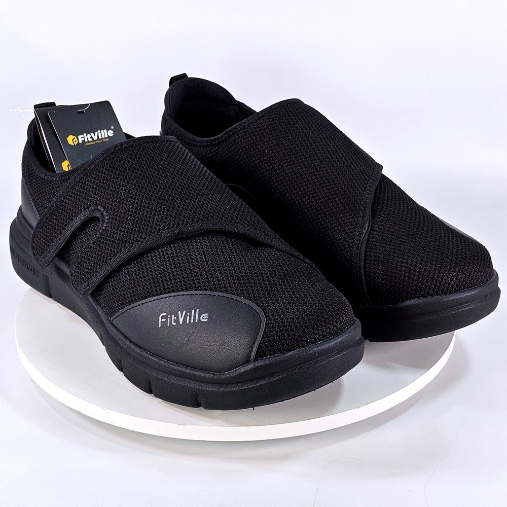 FitVille Mens EasyTop Diabetic Shoes V2 Black 12EEW Extra Wide Walking Sneakers